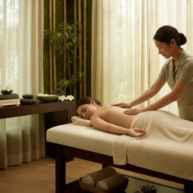 A therapist giving a massage to a woman in a serene spa setting.